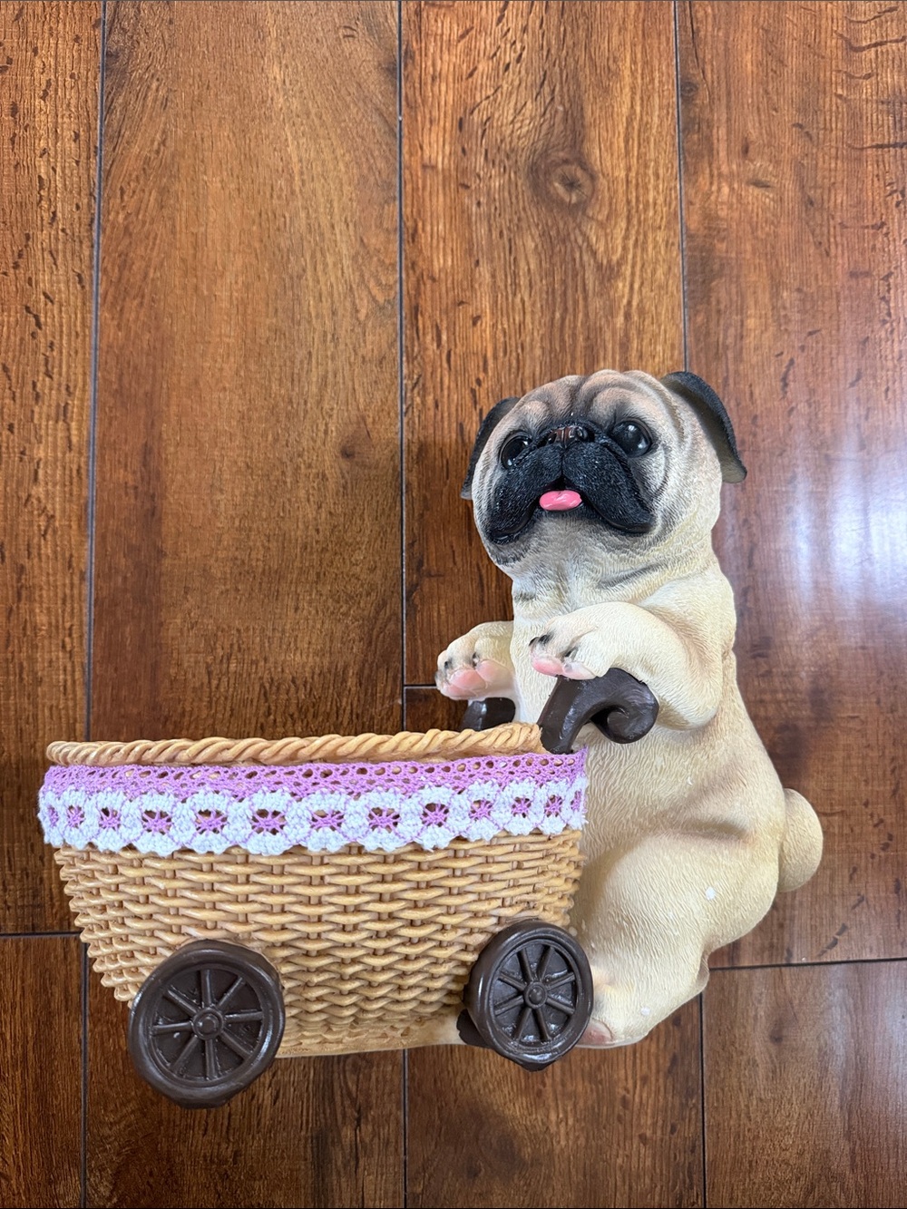Vintage Pug Figurine with Pink and Brown Basket